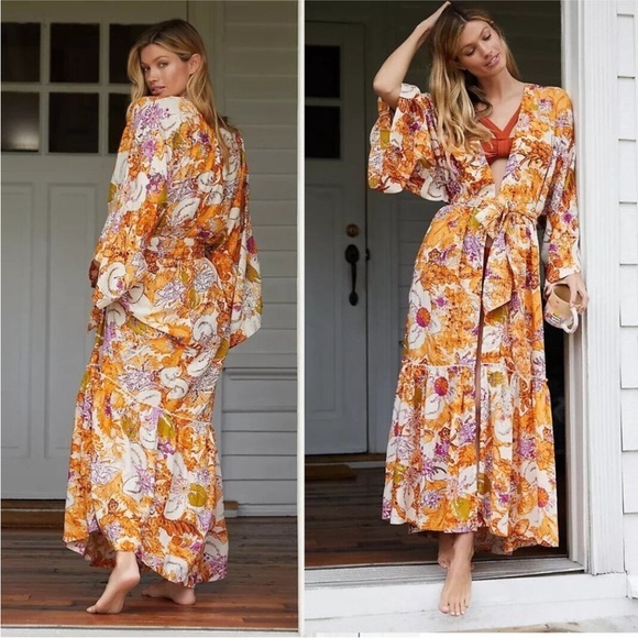 Anthropologie Other - ANTHROPOLOGIE M/L Orange Purple Floral Sleep Kimono Robe Lounge Maxi Tiered